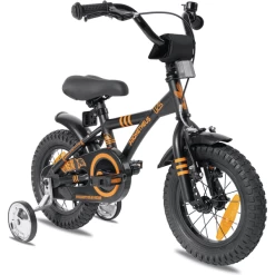 PROMETHEUS BICYCLES ® Kinderfiets 12" In Zwart Mat & Orange Vanaf 3 Jaar Met Zijwieltjes